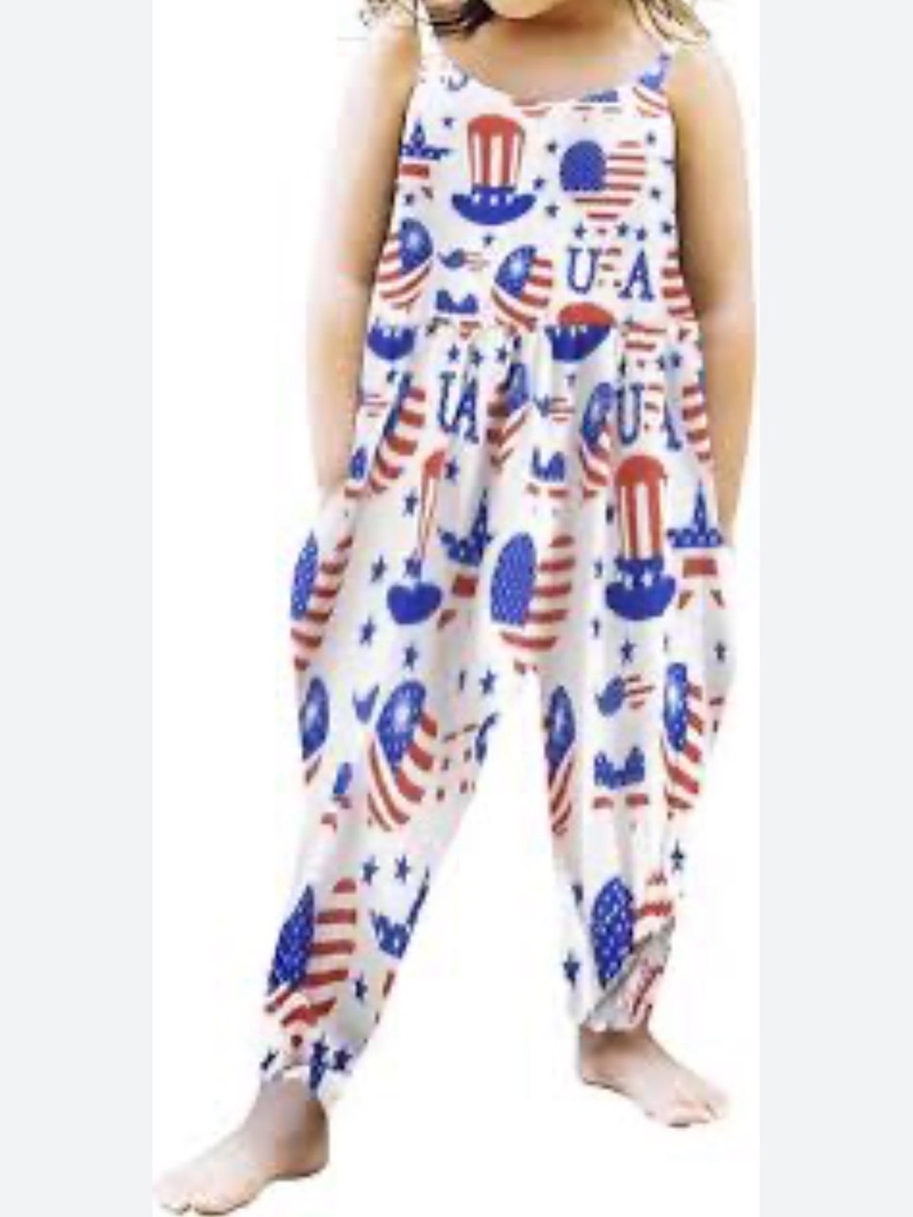 SHEIN White Red and Blue Patriotic Print Girls Romper Jumpsuit size 130/6